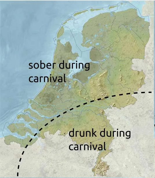 Mapa da Holanda dividindo o carnaval entre o norte, que permanece sóbrio e o sul, que fica bêbado no carnaval