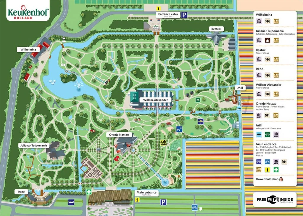 Mapa do Keukenhof, o parque das tulipas da Holanda, com todas as suas atrações.