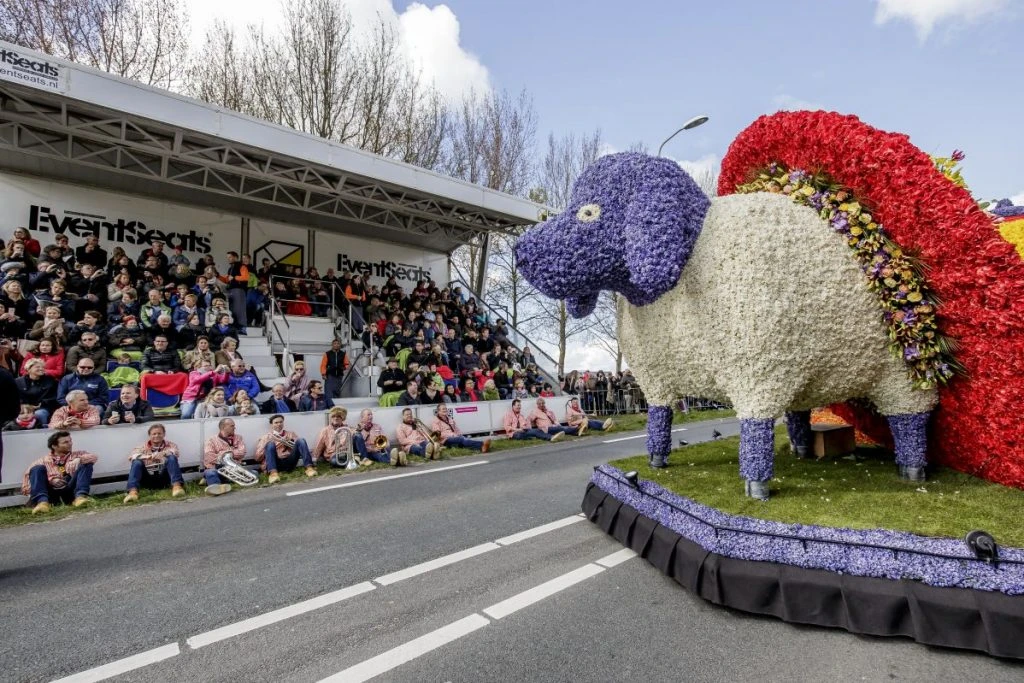 Como assistir à Parada de Flores do Keukenhof: sentado na tribuna VIP, assistindo ao carro alegórico com flores de casal típico holandês