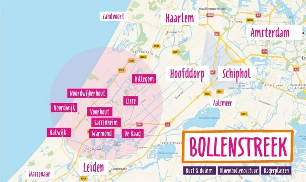 mapa mostrando o bollenstreek, onde ficam os campos de dálias e tulipas mais próximos de Amsterdã, na Holanda
